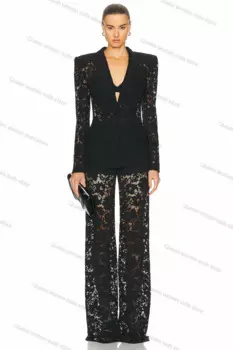 Женский кружевной костюм из блейзера и брюк
