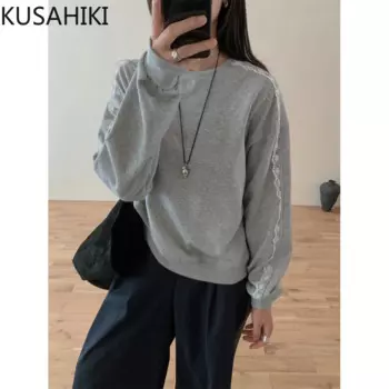 Женский кружевной пуловер с длинным рукавом и круглым вырезом