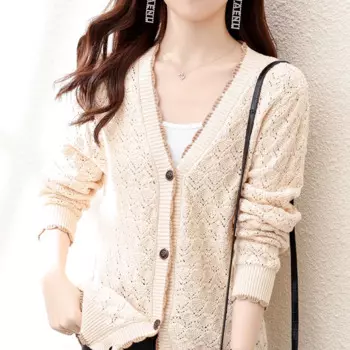 Женский кружевной вязаный кардиган оверсайз, облегающий свитер с длинными рукавами в Корейском стиле, винтажный вязаный Топ, Весенняя Солнцезащитная рубашка