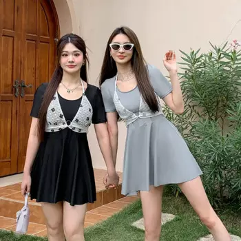 Женский купальник с юбкой, модель 2024 года, женские купальные костюмы с коротким рукавом, 2 предмета, сдержанный большой купальник, Мягкий купальник, контроль живота