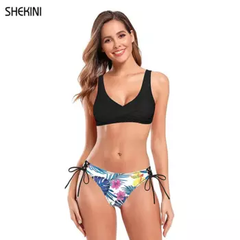 Женский купальник SHEKINI, спортивный комплект бикини на шнуровке с низкой талией и принтом, купальные костюмы из двух предметов, пляжные купальные костюмы