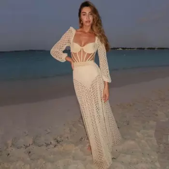 Женский купальник в стиле ретро, праздничная пляжная одежда, белая марлевая накидка, дизайнерский купальный костюм с длинным рукавом и открытой спиной, купальник на лето