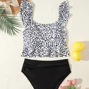 Женский леопардовый купальник с рюшами, купальник-танкини из двух частей с U-образным вырезом и лямками, женский сексуальный купальный костюм, Пляжная майка, 2024