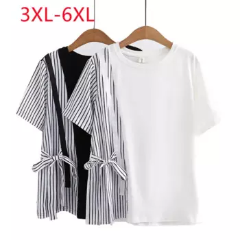 Женский летний комбинезон 2023 Женский блузка большой размер с короткими рукавами O воротник полосатая белая футболка 3XL 4XL 5XL 6XL