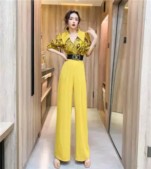Женский Летний Новый комбинезон с коротким рукавом и принтом, модные брюки, элегантный женский комбинезон с зауженной талией, длинные брюки желтого и черного цветов