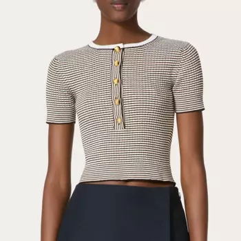 Женский летний трикотажный топ NIGO в полоску с цветными блоками, с коротким рукавом, модная повседневная футболка с круглым вырезом и пуговицами Ngvp # nigo8937