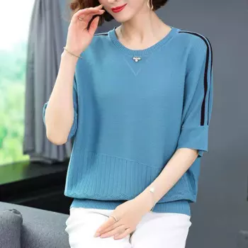 Женский летний Вязаный топ размера плюс из ледяного шелка, Свободный Топ в стиле отдыха с рукавом до локтя, базовый женский однотонный пуловер с круглым вырезом