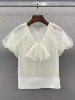 Женский лоскутный топ с бантом и пышными рукавами