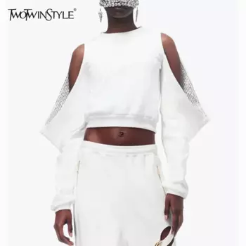 Женский минималистичный Свитшот TWOTWINSTYLE, Свободный свитшот с круглым вырезом, длинными рукавами и открытыми плечами, со стразами, 2023
