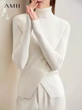 Женский минималистский свитер Amii, новинка сезона осень 2024, простая теплая водолазка, Мягкий трикотажный джемпер с высоким воротником, 12423094