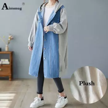 Женский модный длинный плюшевый тренчкот, женская уличная одежда, осень-зима 2023, теплый джинсовый топ, пальто для девушек, джинсовая куртка в стиле пэчворк