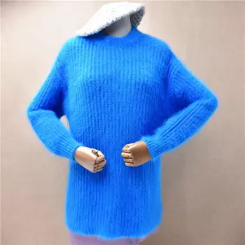 Женский Mujer, осенне-зимний толстый теплый полосатый волосатый ангорский кролик, вязаный свободный пуловер с круглым вырезом и длинными рукавами, свитер, джемпер