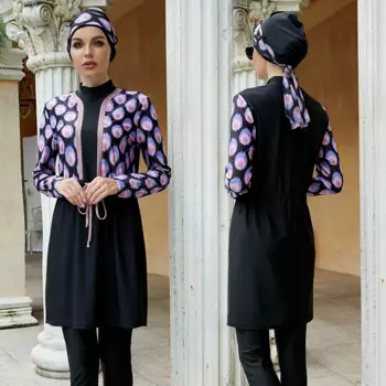 Женский Мусульманский купальник, купальники, Burkini Mujer Moslem Maillot De Bain Femme, цельный черный с длинным рукавом и шарфом, капюшон для волос