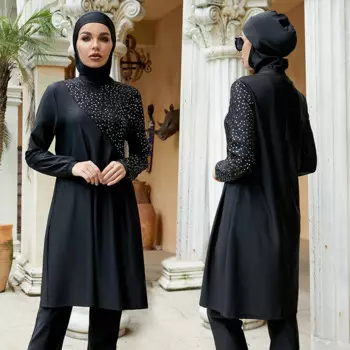 Женский Мусульманский купальник, купальники, Burkini Mujer Moslem Maillot De Bain Femme, цельный черный с длинным рукавом и шарфом, капюшон для волос