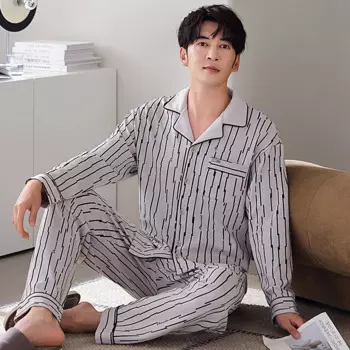 Женский Мужской пижамный комплект, 100% хлопок, пижама с отложным воротником, Мужская пижама с длинным рукавом