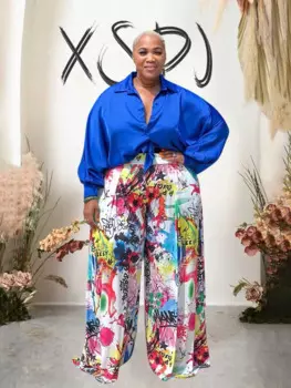 Женский наряд из 2 предметов, уличная одежда, синие шелковые блузки, женские осенние топы и брюки больших размеров, костюмы 4xl, повседневные женские комплекты брюк