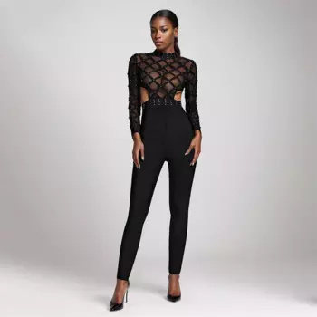 Женский Облегающий комбинезон с длинным рукавом, черного цвета