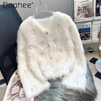 Женский однобортный Кардиган из норки, короткая элегантная вязаная куртка с жемчужинами и V-образным вырезом, осень 2024