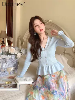 Женский однобортный Кардиган с оборками, элегантный трикотажный кардиган с V-образным вырезом и длинным рукавом, подходящий ко всему