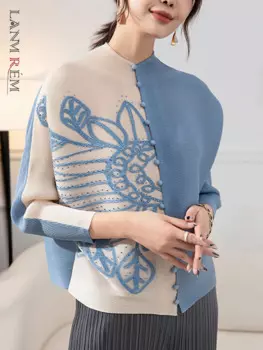 Женский однобортный плиссированный топ LANMREM, разноцветная рубашка с бусинами и длинными рукавами, 2R7929