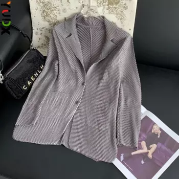 Женский однобортный Топ Miyake, тонкий однотонный топ с длинным рукавом, в стиле Харадзюку, лето 2024