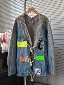 Женский однобортный трикотажный кардиган с V-образным вырезом и аппликацией