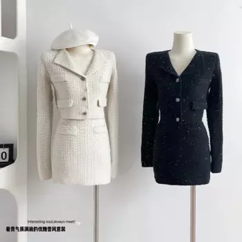 Женский однобортный трикотажный комплект с блестками, Новая женская облегающая короткая куртка с длинным рукавом и V-образным вырезом, трапециевидная мини-юбка с высокой талией на осень