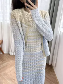 Женский однобортный вязаный кардиган, Повседневный свитер в полоску с градиентными волнами, круглым вырезом и длинным рукавом, весна 2024