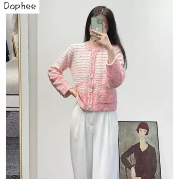 Женский однобортный вязаный кардиган, розовый свитер с длинным рукавом, Осень-зима