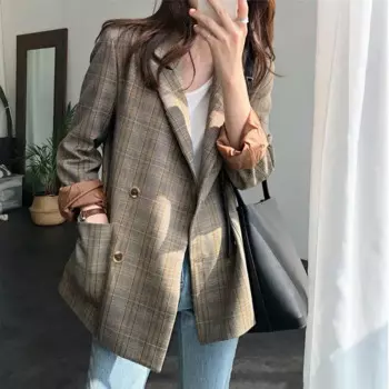 Женский односекционный костюм, топ, блейзеры, профессиональный костюм, клетчатый костюм, топ, Корейская версия модного костюма, куртка, Тонкий Топ