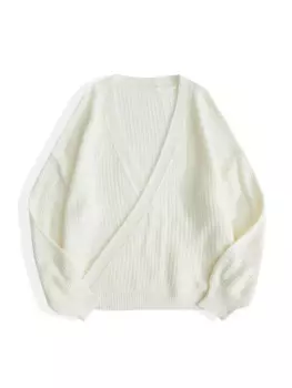 Женский однотонный белый пуловер с V-образным вырезом и рукавами-фонариками