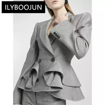 Женский однотонный блейзер с оборками ILYBOOJUN, приталенный Блейзер с отложным воротником и длинным рукавом, Женский блейзер с двойной грудью