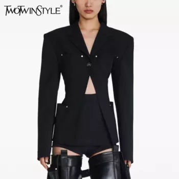 Женский однотонный Блейзер TWOTWINSTYLE, облегающий блейзер с отложным воротником, длинными рукавами и карманами, 2019