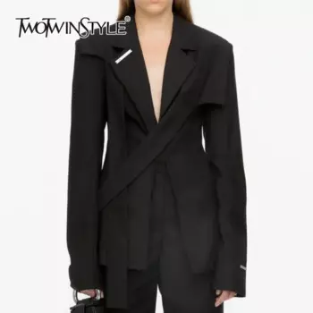 Женский однотонный Блейзер TWOTWINSTYLE, с английским воротником и длинными рукавами, на шнуровке