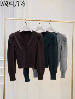 Женский однотонный джемпер с пышными рукавами и V-образным вырезом