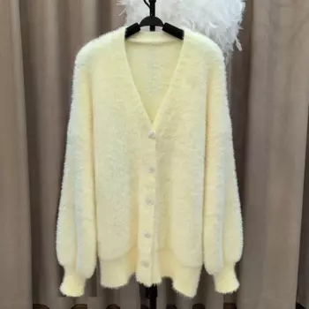 Женский однотонный кардиган на пуговицах, повседневный свободный утепленный Кардиган с длинным рукавом, Осень-зима