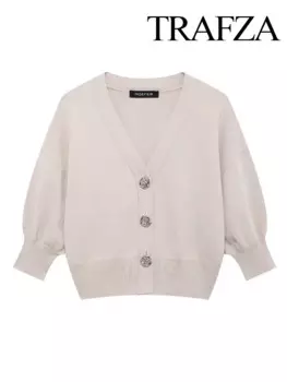 Женский однотонный кардиган с V-образным вырезом и цветочным принтом