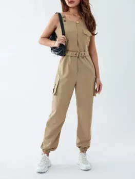 Женский однотонный комбинезон с поясом, Летний комбинезон без рукавов с квадратным вырезом