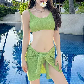 Женский однотонный комплект бикини, пляжная одежда из 3 предметов, купальный костюм в Корейском стиле с подкладкой, 2024