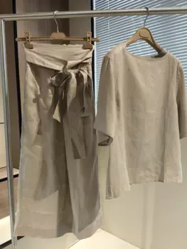 Женский однотонный комплект из Юбки миди с завышенной талией на шнуровке, трапециевидной формы или футболки с коротким рукавом и круглым вырезом