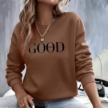 Женский Однотонный пуловер с круглым вырезом, Осень-зима