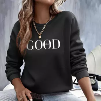 Женский Однотонный пуловер с круглым вырезом, Осень-зима