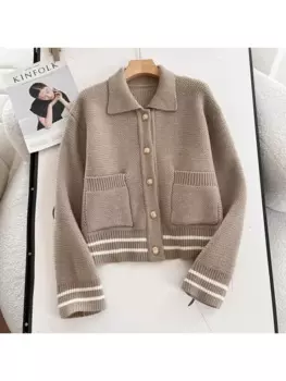 Женский однотонный топ с длинным рукавом и круглым вырезом, свитер с большими карманами, пальто с отложным воротником, вязаный женский кардиган на раннюю осень 2024