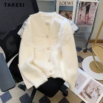Женский однотонный вязаный кардиган с кружевом, элегантный Однобортный Теплый свитер с длинным рукавом и круглым вырезом, зима 2023