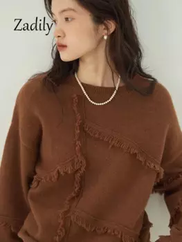 Женский однотонный вязаный пуловер с длинным рукавом и круглым вырезом