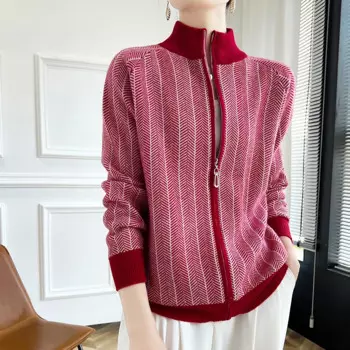 Женский однотонный жаккардовый кардиган, Свободный вязаный кашемировый свитер с высоким воротником, Осень-зима 100%