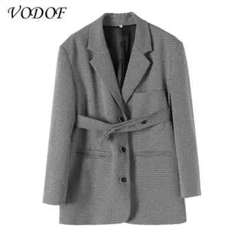 Женский офисный Блейзер VODOF в клетку с английским воротником, двубортный осенний жакет 2021, повседневные женские костюмы с карманами, пальто