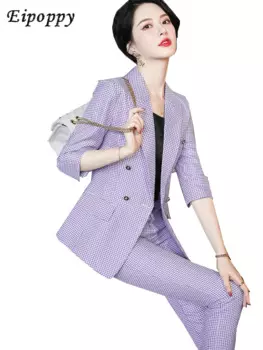 Женский офисный брючный костюм, розовый, фиолетовый Клетчатый жакет с рукавом до локтя и брюки, официальный костюм из 2 предметов, лето