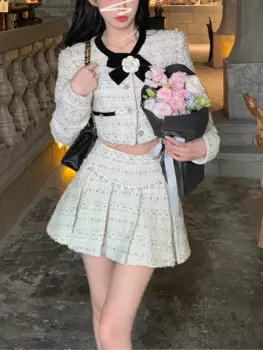 Женский офисный комплект из 2 предметов, элегантный укороченный жакет и мини-юбка, повседневный шикарный модный костюм с блейзером в Корейском стиле, осень 2022