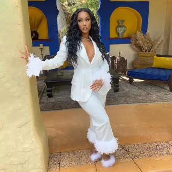 Женский офисный комплект из двух предметов, элегантный белый костюм с блейзером и брюками с перьями, сексуальный клубный костюм, осень